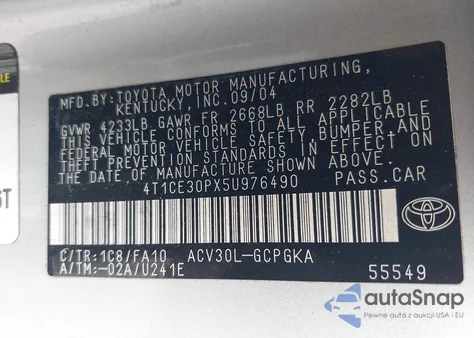 2005 Toyota Camry Solara Sle z USA, uszkodzony, nr VIN 4T1CE30PX5U976490